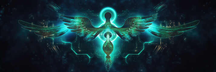 abstract panoramic wallpaper of a stylized caduceus symbol made from glowing digital nodes, against a dark background, symbolizing digital health