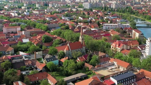 Aerial drone view of Oradea downtown, Romania. Cityscape with multiple residential buildings made in classic style