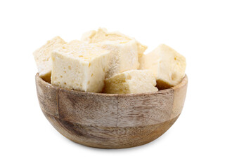 Bowl with tasty marshmallows on white background