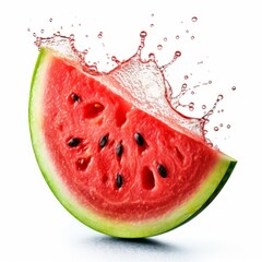 A juicy slice of watermelon with a splash on white background. Generative AI. 