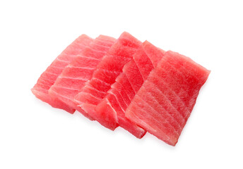 Tasty sashimi (pieces of fresh raw tuna) on white background