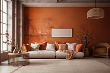 White and orange living room with a plaster wall done in the Wabi Sabi style. Minimalist macrame wall art and a cloth sofa. Interior design by Japandi,. Generative AI