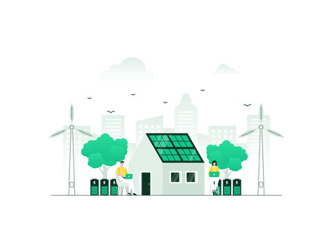 House with independent power source supply. Green and renewable energy from solar panels and wind turbines. Vector illustration with minimalist color.