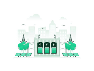 Smart power grid system with renewable energy sources. Includes solar panels, wind turbines, battery storage, electricity transmission grid. Vector illustration with minimalist color.
