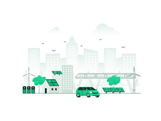 Sustainable city power with green infrastructure planning. Alternative electricity from CO2-free wind turbines. Vector illustration of ecological urban organization with minimalist color.
