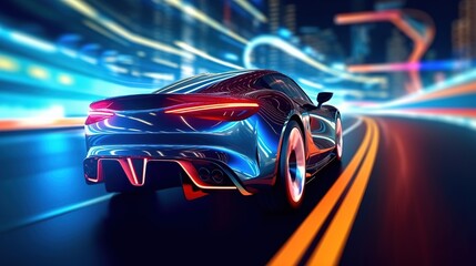 Supercar on neon highway. Powerful acceleration of sports car Generative AI