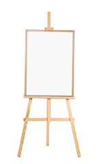 Wooden easel with blank canvas on white background. Mockup for design