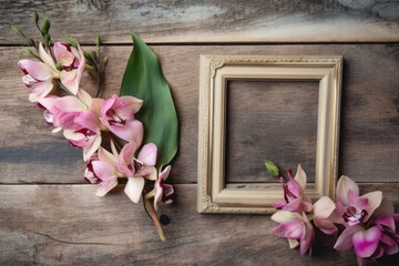 Vintage frames, rose and orchid blossoms, and a wooden background with a blank space for a photo or writing. looking up. Lay flat. Copy space. Generative AI