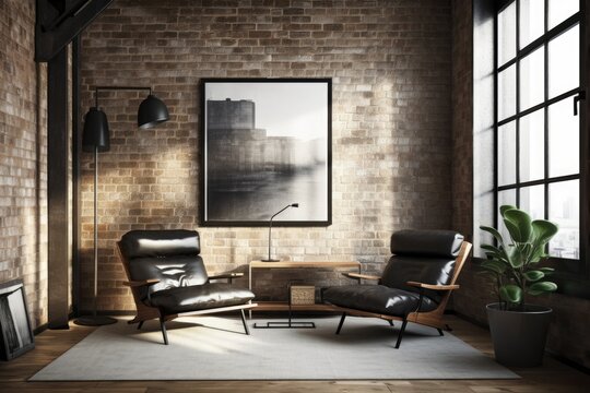 With a vertical poster on a brick wall in between two black metal windows, the sketch is transformed into a real loft environment. The leather armchair is in the room alongside a coffee table. Mockup