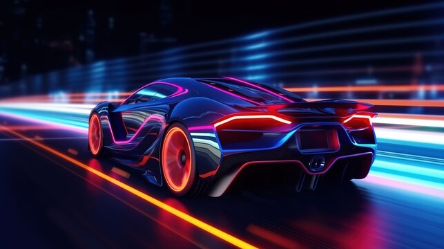 Supercar on neon highway. Powerful acceleration of sports car Generative AI
