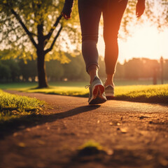 Athlete running in sneakers trough the forest with sunlight ahead, fitness concept