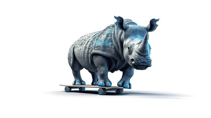 Fototapeta na wymiar Illustration from blue rhino t standing on skateboard on white background with Generative AI technology