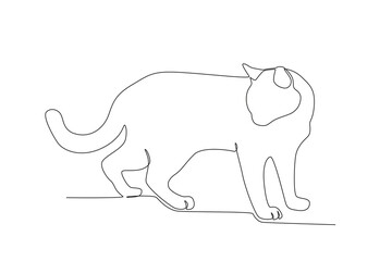A cat looks down at its food. International cat day one-line drawing