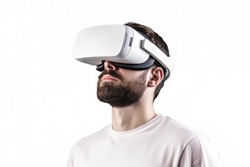 Bearded man face in virtual reality glasses isolated on white background Generative AI