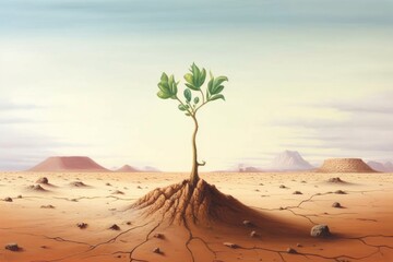 A green sprout of a tree grows alone in the desert. ai generative