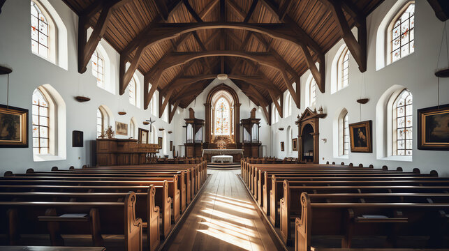 Generative AI WIMPOLE, UK - 11 MARCH 2017: St. Andrew's Parish Church, Wimpole, Cambridgeshire, UK. The interior of an old rural English church with its original wooden pews and altar.