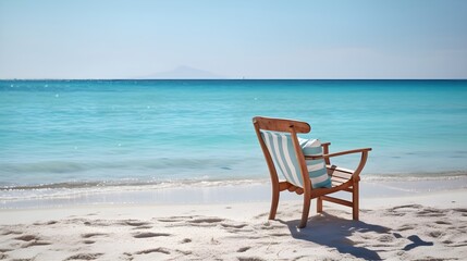A beach chair on the sand with blue sky background. Generative AI