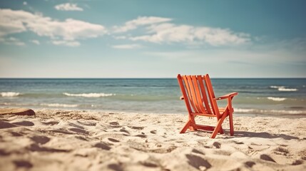 A beach chair on the sand with blue sky background. Generative AI