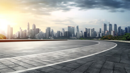 Fototapeta na wymiar Generative AI Panoramic skyline and buildings with empty race track road
