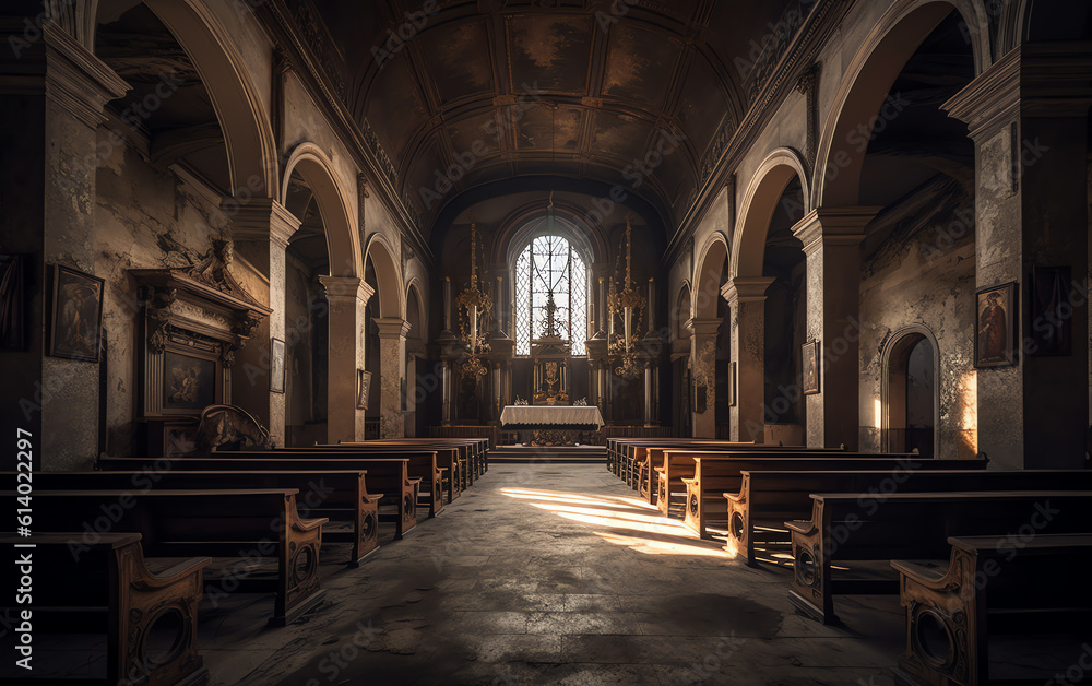 Poster generative ai inside an empty church in france.