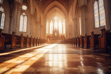 Generative AI Rows of church benches. Sunlight filtered through the stained glass window. Selective focus. Sepia photo.