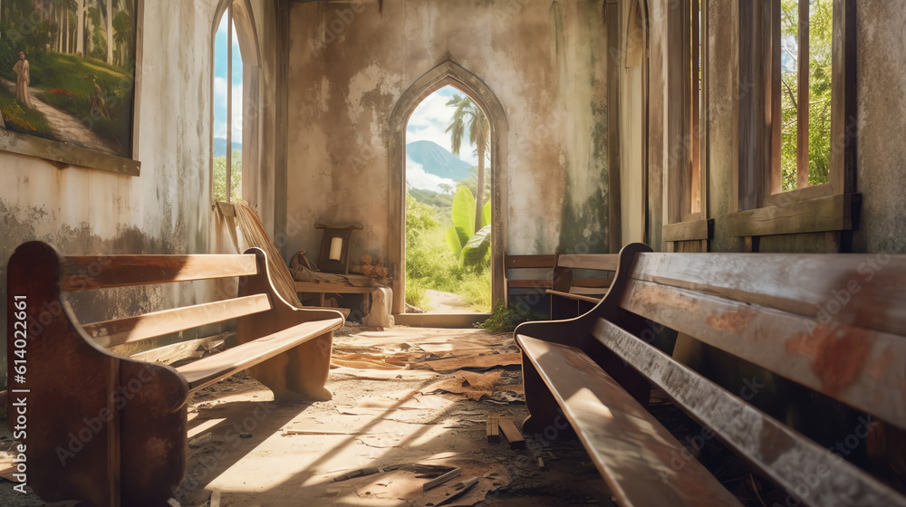 Aufkleber generative ai empty church bench also called wooden pew without people