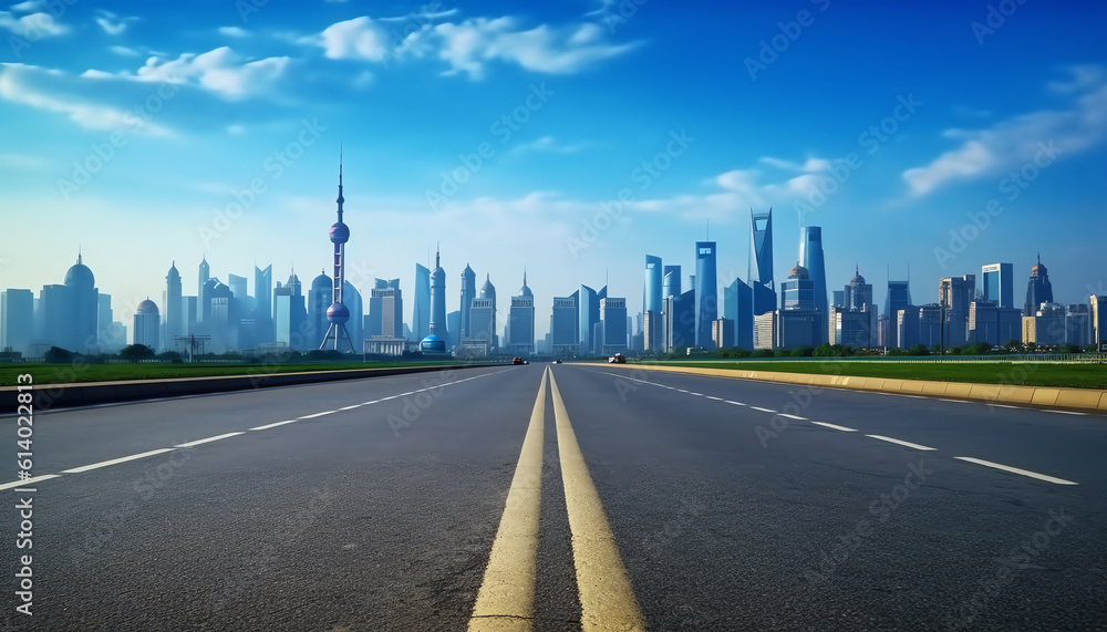 Poster generative ai empty asphalt road with city skyline