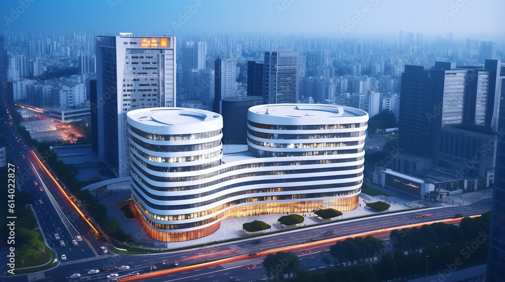 Poster generative ai panoramic skyline and buildings with empty concrete square floor