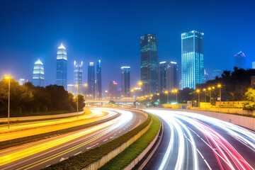 Fototapeta na wymiar Generative AI Shanghai modern commercial office buildings and empty asphalt highway at night