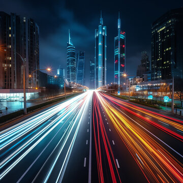 Generative AI Asphalt road and city skyline with modern commercial buildings in Shanghai at night, China. © Generative AI