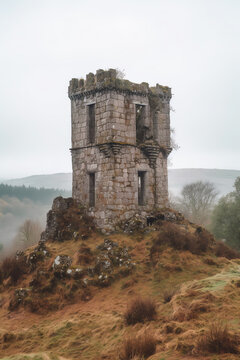 Generative AI Ruins of Chapel of Saint Mary Magdalene on the hill of Maly Blanik, central Bohemia, Czech Republic.Pilgrimage place with great spruce growing within chapel walls is called "Monk".Czech 