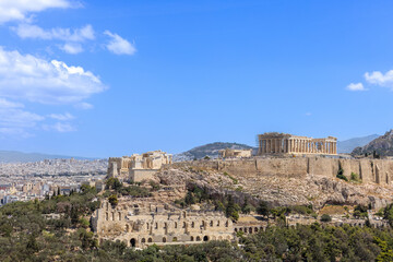 Fototapeta na wymiar Ancient landmark citadel Acropolis of Athens seen from the Hill of the Muses, Philopappos Hill.