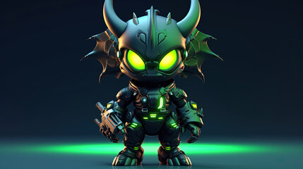 3d black dragon man wearing a future mech with neon green