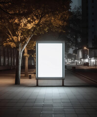 Generative AI Light box display with white blank space for advertisement at bus station in night city. Mock-up design concept.