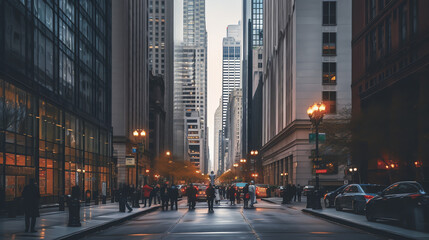 Generative AI A landscape phot of downtown Chicago. The shot is taken from the middle of the street. - obrazy, fototapety, plakaty