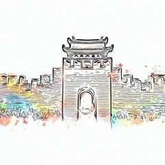 Ancient Marvel: Great Wall of China Watercolor Illustration, Generative AI