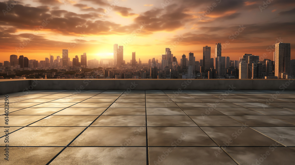 Wall mural generative ai cityscape and skyline of downtown in sunset day on view from empty floor background