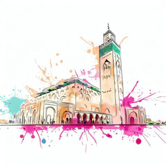 Majestic Beauty: Hassan II Mosque Watercolor Illustration, Generative AI