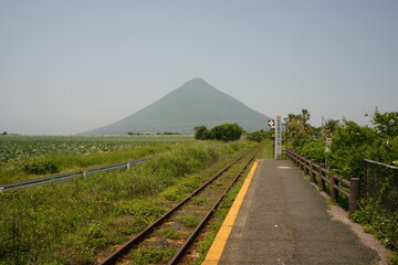 Mount Kaimon and JR Nishi Oyama Station, the Southernmost JR Station, in Kagoshima, Japan - 日本...