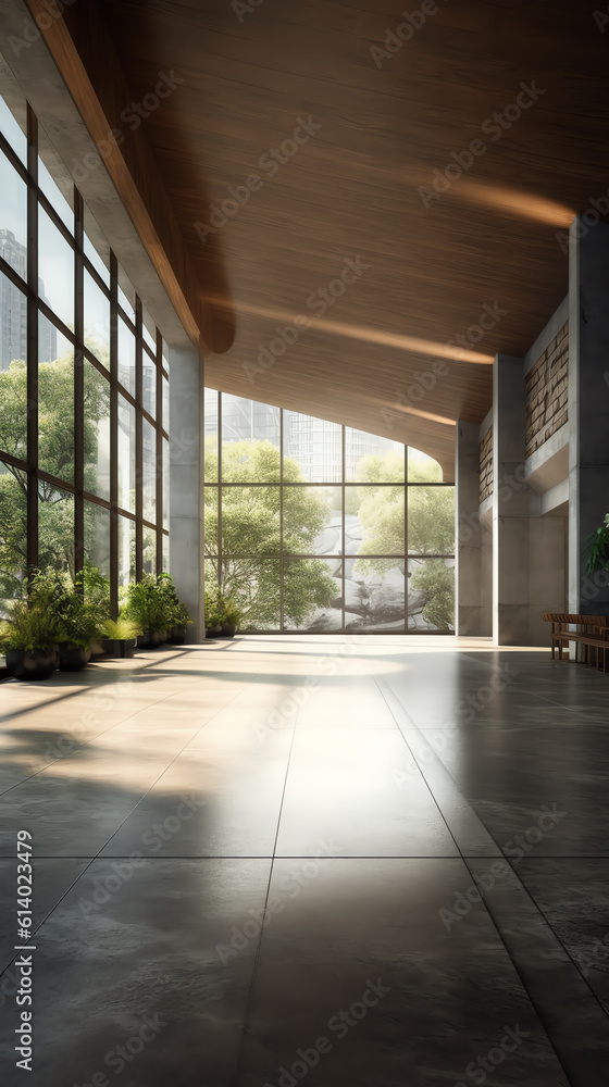 Poster generative ai perspective view of empty concrete floor with cement structure and wooden wall buildin