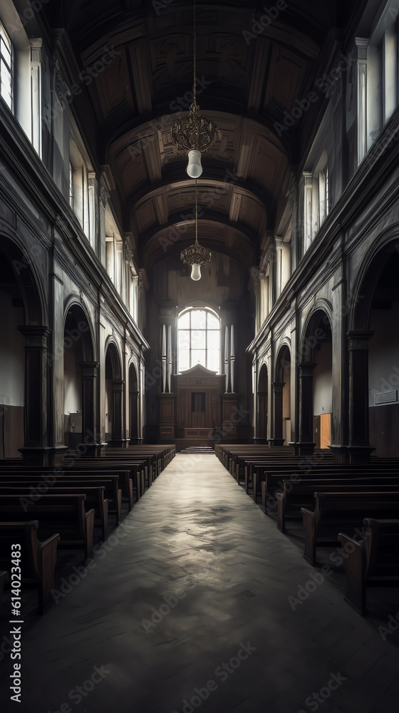 Poster generative ai empty benches in cathedral close up view. church before the worship.