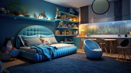 Modern interior design Children's room boy's bedroom, in blue tones, trend 2023. wide-angle lens LED lights