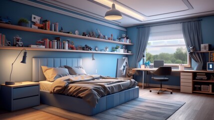 Modern interior design Children's room boy's bedroom, in blue tones, trend 2023. wide-angle lens LED lights