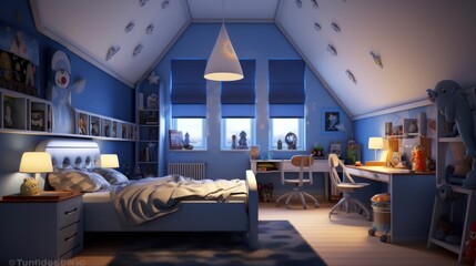 Modern interior design Children's room boy's bedroom, in blue tones, trend 2023. wide-angle lens LED lights
