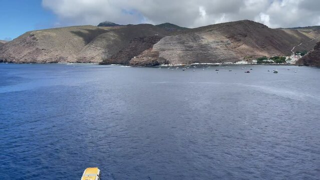 Tristan da Cunha, Saint Helena Island. Rocky Coastline and Coastal Settlement in Jamestown. Bay Island.