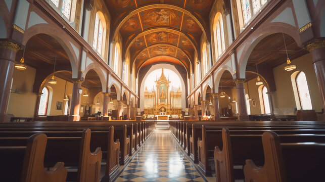 Generative AI APARECIDA, SAO PAULO, BRAZIL - AUG 20, 2019: The empty St. Joseph chapel (Capela Sao Jose) inside Basilica of Our Lady of Aparecida. Chapel used to celebrate masses on less busy days and