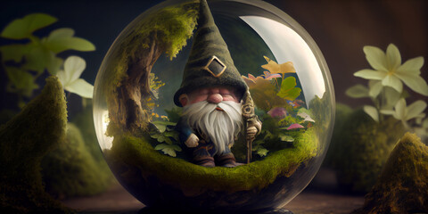 Fairytale gnome inside a glass bowl and in nature, close-up. Generative AI