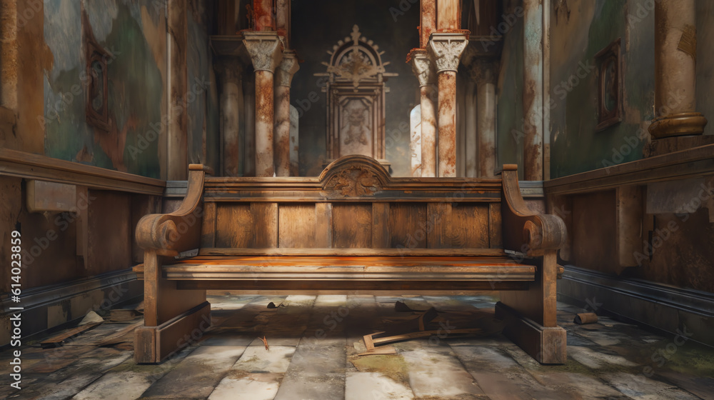 Poster generative ai a close up view of a church bench without people.