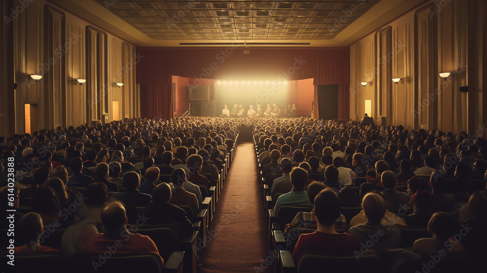 Poster generative ai cinema auditorium with people in chairs watching movie. light of projector. high angle