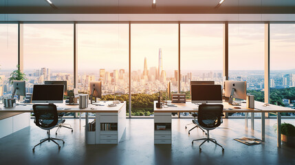 Generative AI Corner of modern Industrial style open space office with white walls, concrete floor, rows of computer tables and panoramic windows with blurry cityscape. 3d rendering